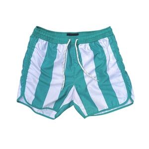 21men Teal & White Vertical Stripe Swim Trunks